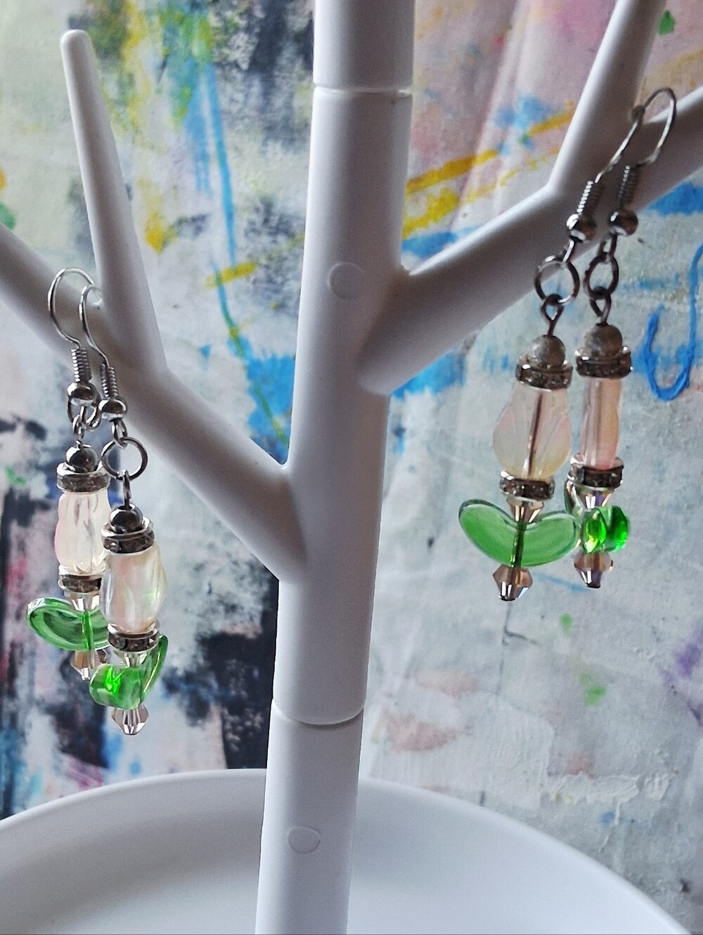 Pink & Green Heart Glass Bead Drop Earrings - Handmade